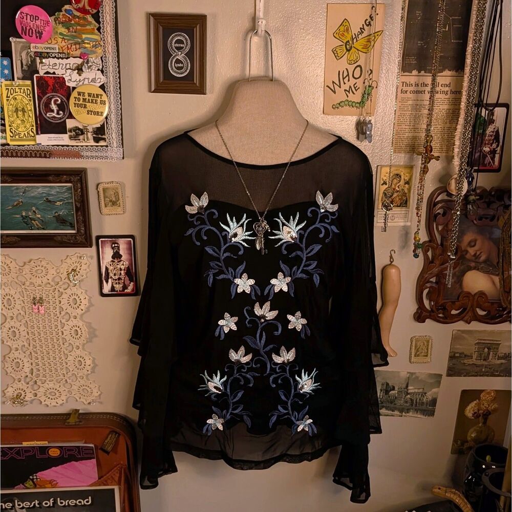 Ruffled Mesh Embroidered Blouse Women's Medium Black Blue